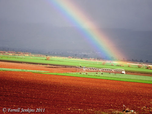 Rainbow over Hula Valley. View to Golan Heights. Photo by Ferrell Jenkins.