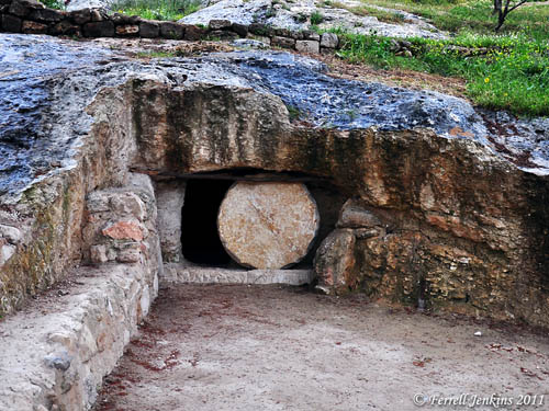 New tomb with rolling stone at Nazareth Village. Photo by Ferrell Jenkins.