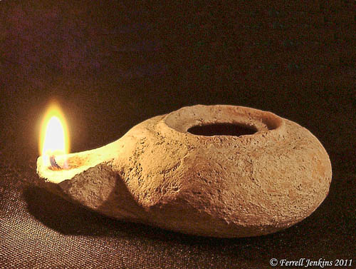 Herodian period lamp burning. Photo by Ferrell Jenkins.