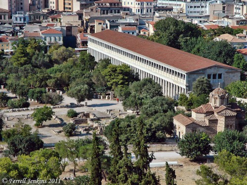 View from Mars Hill (Areopagus) of the agora and the Stoa of Attalus in Athens. Photo by Ferrell Jenkins.