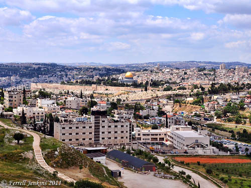 Jerusalem from Mount Scopus. The Temple Mount Sifting Project building is in the foreground. Photo by Ferrell Jenkins.