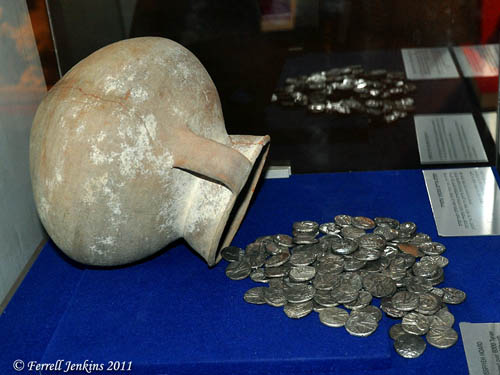 Ussifiyeh hoard of coins including Tyrian Shekels. Eretz Israel Museum.