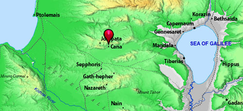 Map showing Nazareth, Sepphoris, Cana, and Jotapata. BibleAtlas.org.