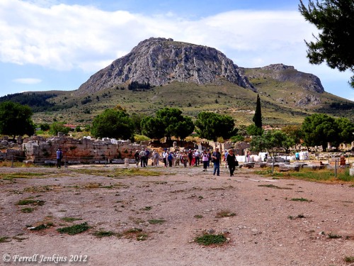 Corinth. The Bema in the Agora. Acrocorinth in distance. Photo by Ferrell Jenkins.