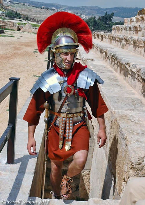 A centurion enters the hippodrome. An actor in the RACE show at Jerash, Jordan. Photo by Ferrell Jenkins.