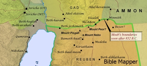 Map showing the area near the Biblical site of Mount Nebo. Credit: BibleMpper.com.